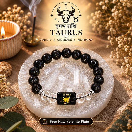 Taurus (Vrishabh) Zodiac Black Obsidian & Clear Quartz Bracelet