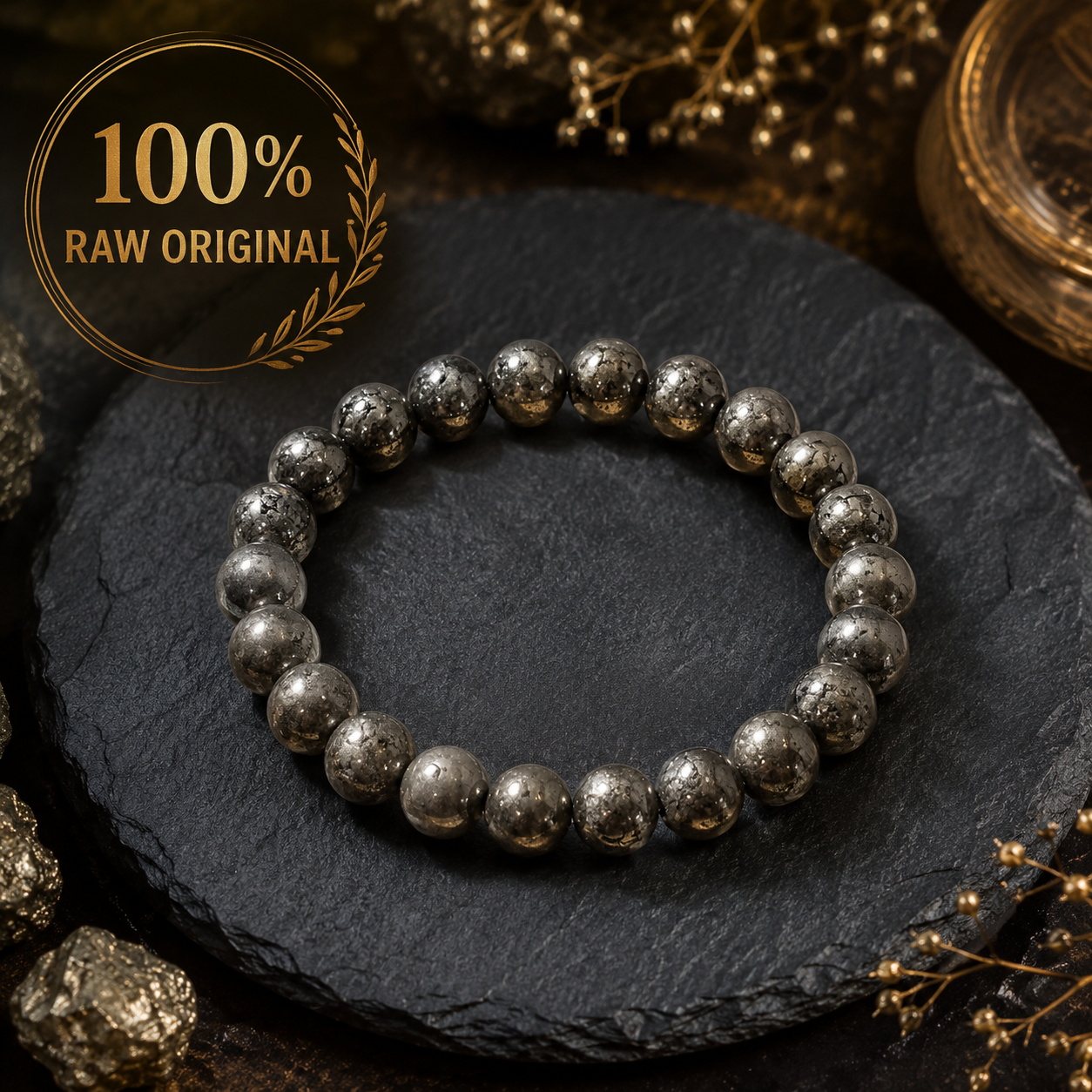 Original Raw Pyrite Bracelet (100% Natural) With Free Raw Selenite Plate
