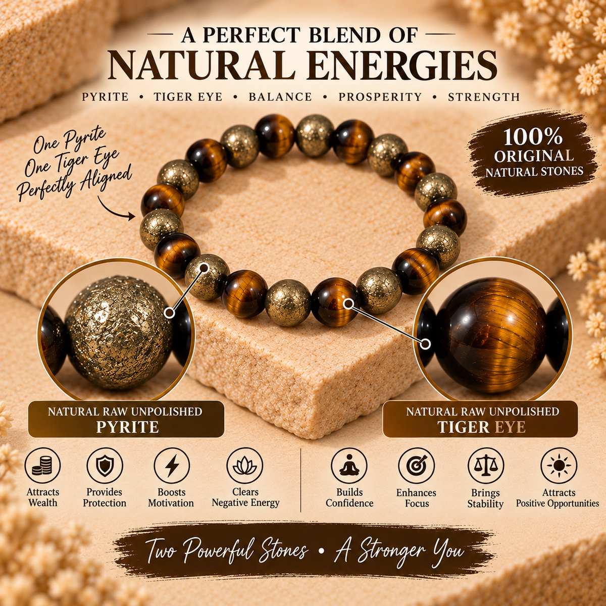 Natural Raw Pyrite & Tiger Eye Prosperity Bracelet