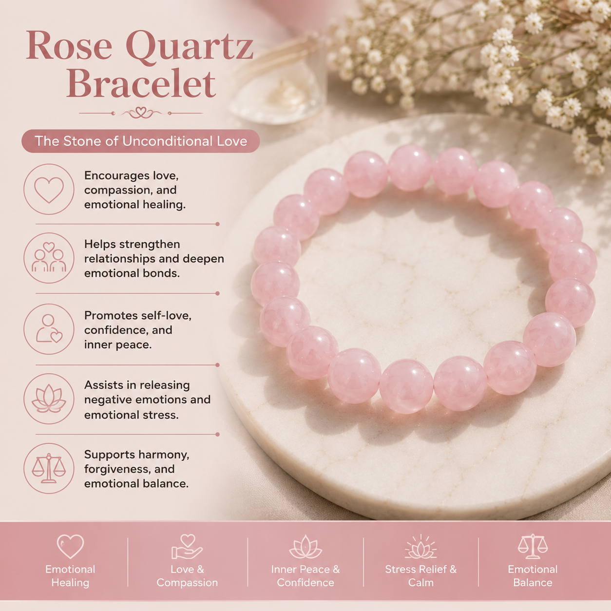 Rose Quartz Beaded Bracelet With Free Raw Selenite Plate