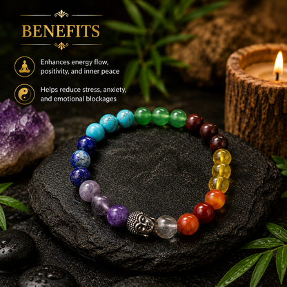 7 Chakra Healing Bracelet (Natural Crystal) With Free Raw Selenite Plate