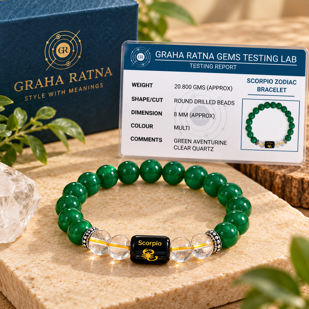 Scorpio (Vrishchik) Green Aventurine & Clear Quartz Bracelet