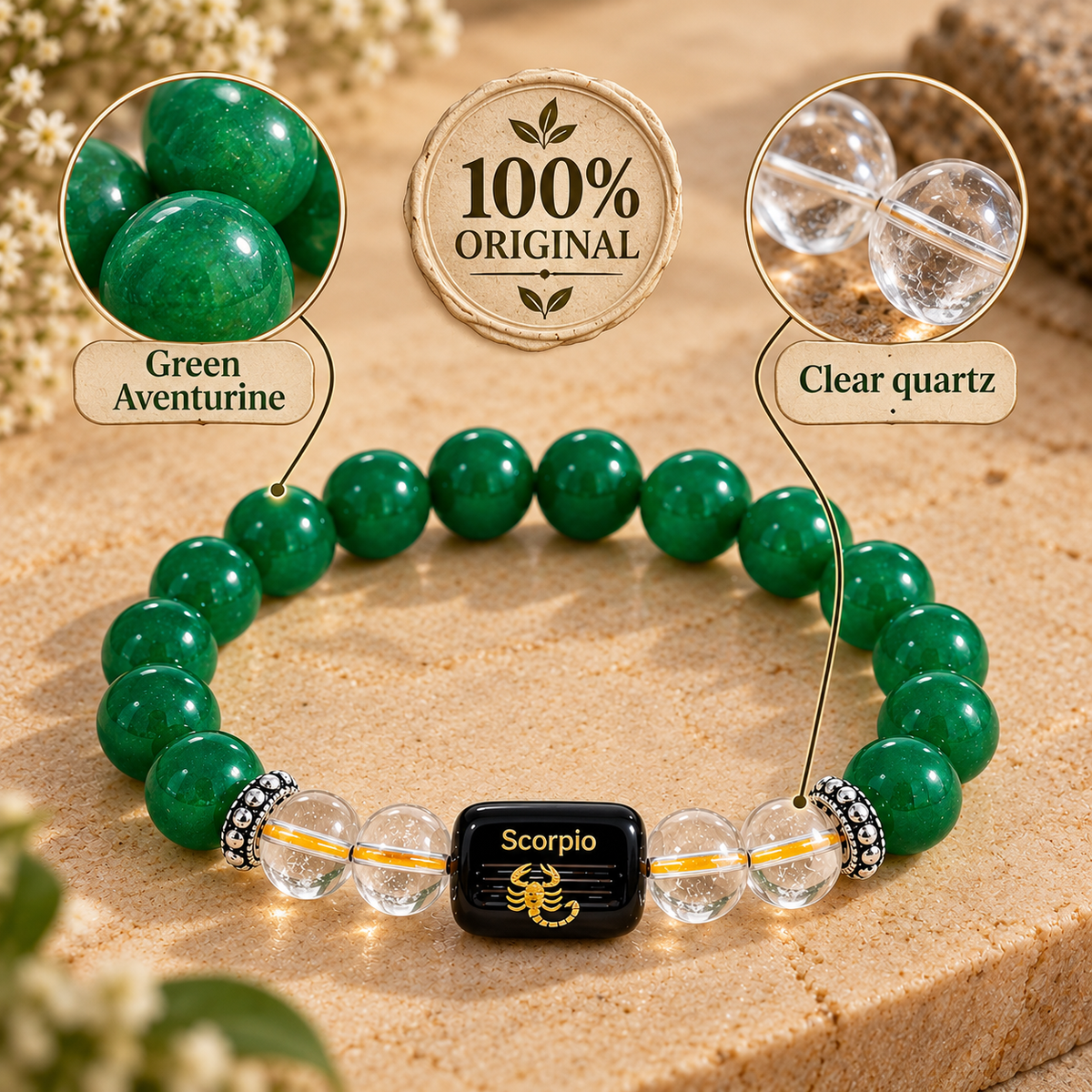 Scorpio (Vrishchik) Green Aventurine & Clear Quartz Bracelet