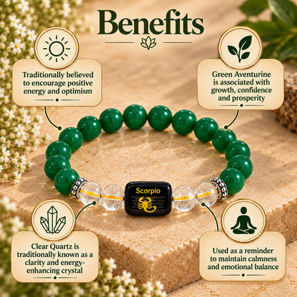 Scorpio (Vrishchik) Green Aventurine & Clear Quartz Bracelet