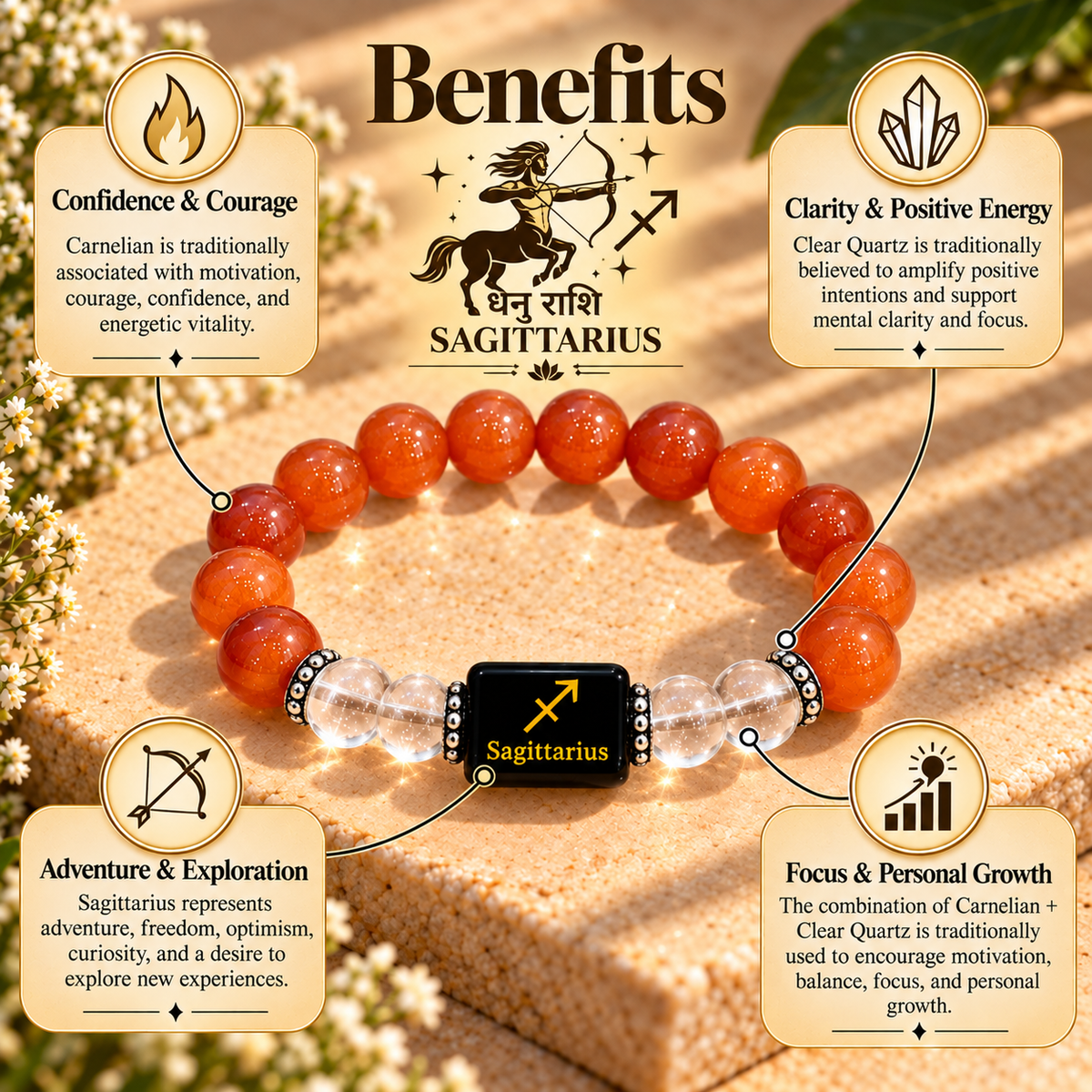 Sagittarius (Dhanu) Carnelian & Clear Quartz Bracelet