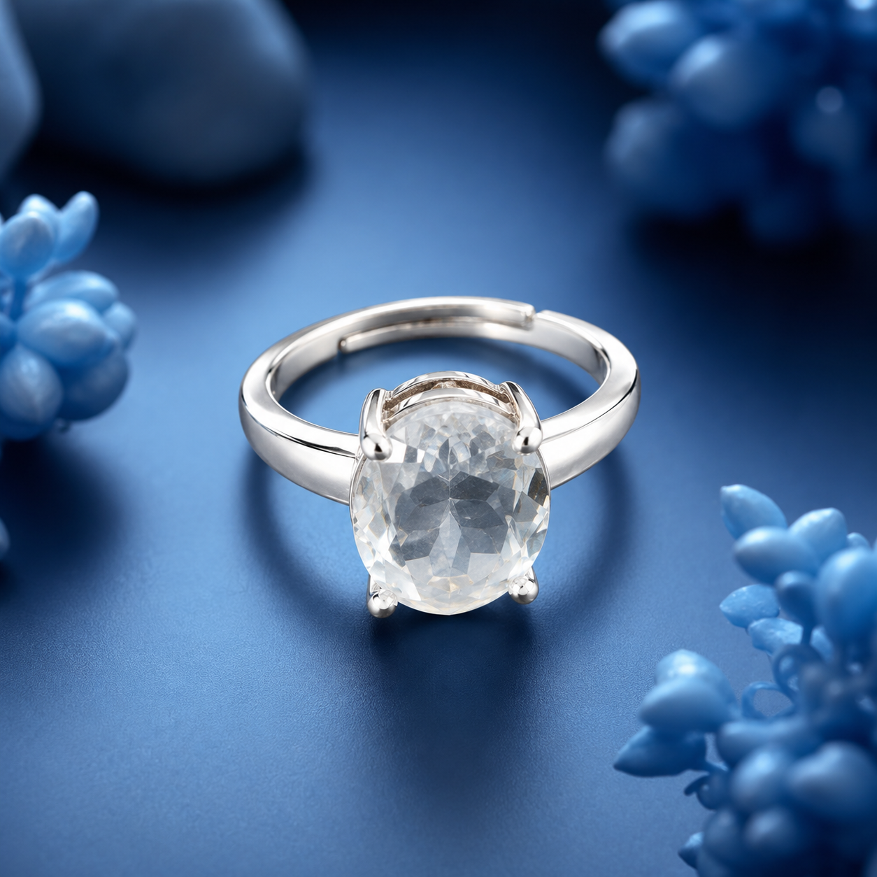 Clear Quartz (Sphatik) Adjustable Ring – 925 Sterling Silver