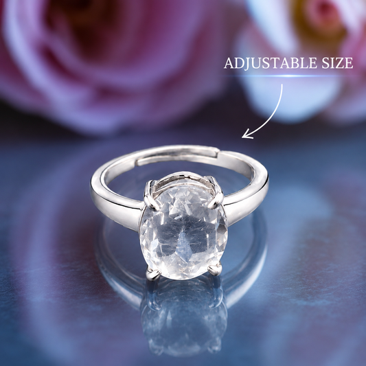Clear Quartz (Sphatik) Adjustable Ring – 925 Sterling Silver