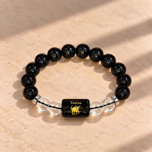 Taurus (Vrishabh) Zodiac Black Obsidian & Clear Quartz Bracelet