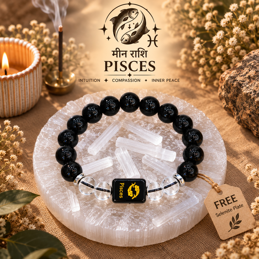 Pisces (Meen) Zodiac Black Obsidian & Clear Quartz Bracelet