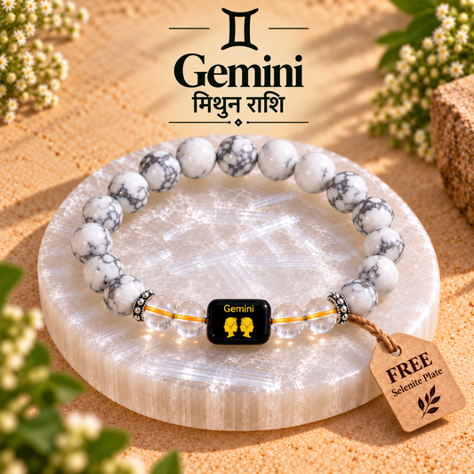 Gemini (Mithun) Zodiac Howlite & Clear Quartz Bracelet