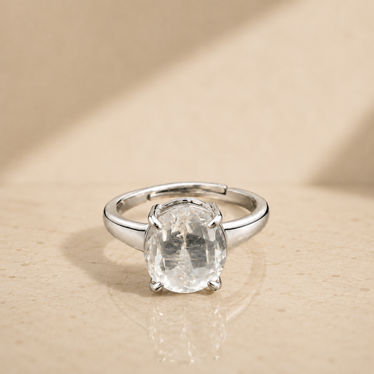 Clear Quartz (Sphatik) Adjustable Ring – 925 Sterling Silver