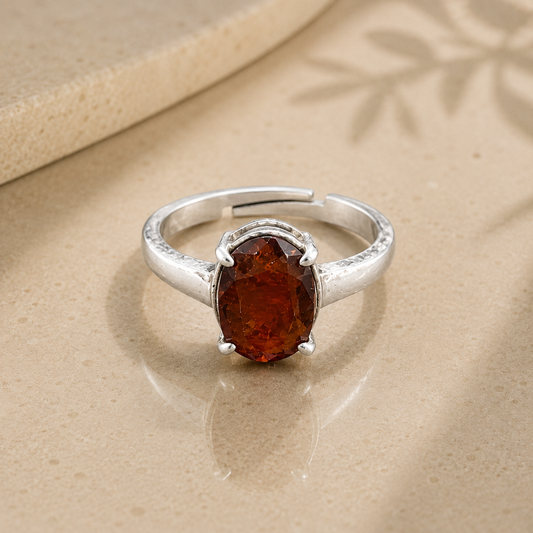 Gomed (Hessonite Garnet) Adjustable Ring – 925 Sterling Silver