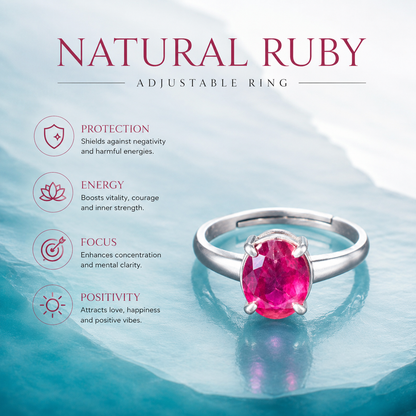Natural Ruby  Adjustable Ring – 925 Sterling Silver
