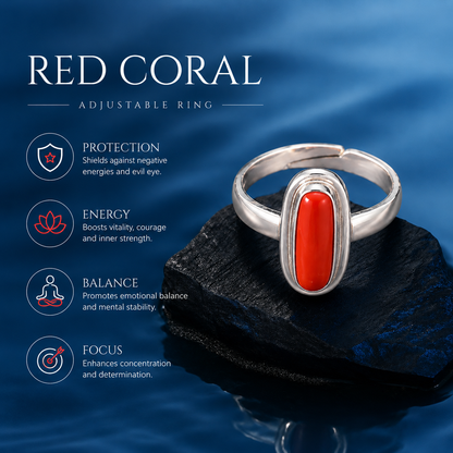 Red Coral (Moonga) Adjustable Ring – 925 Sterling Silver