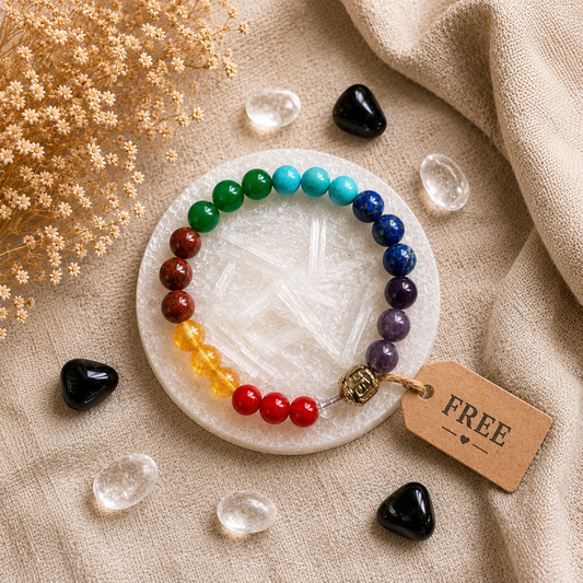 7 Chakra Healing Bracelet (Natural Crystal) With Free Raw Selenite Plate