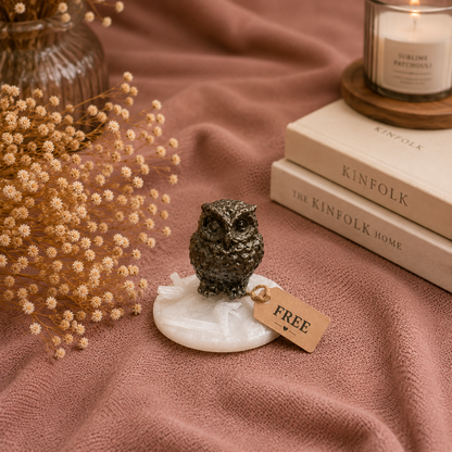 The Pyrite Owl With Free Raw Selenite Plate