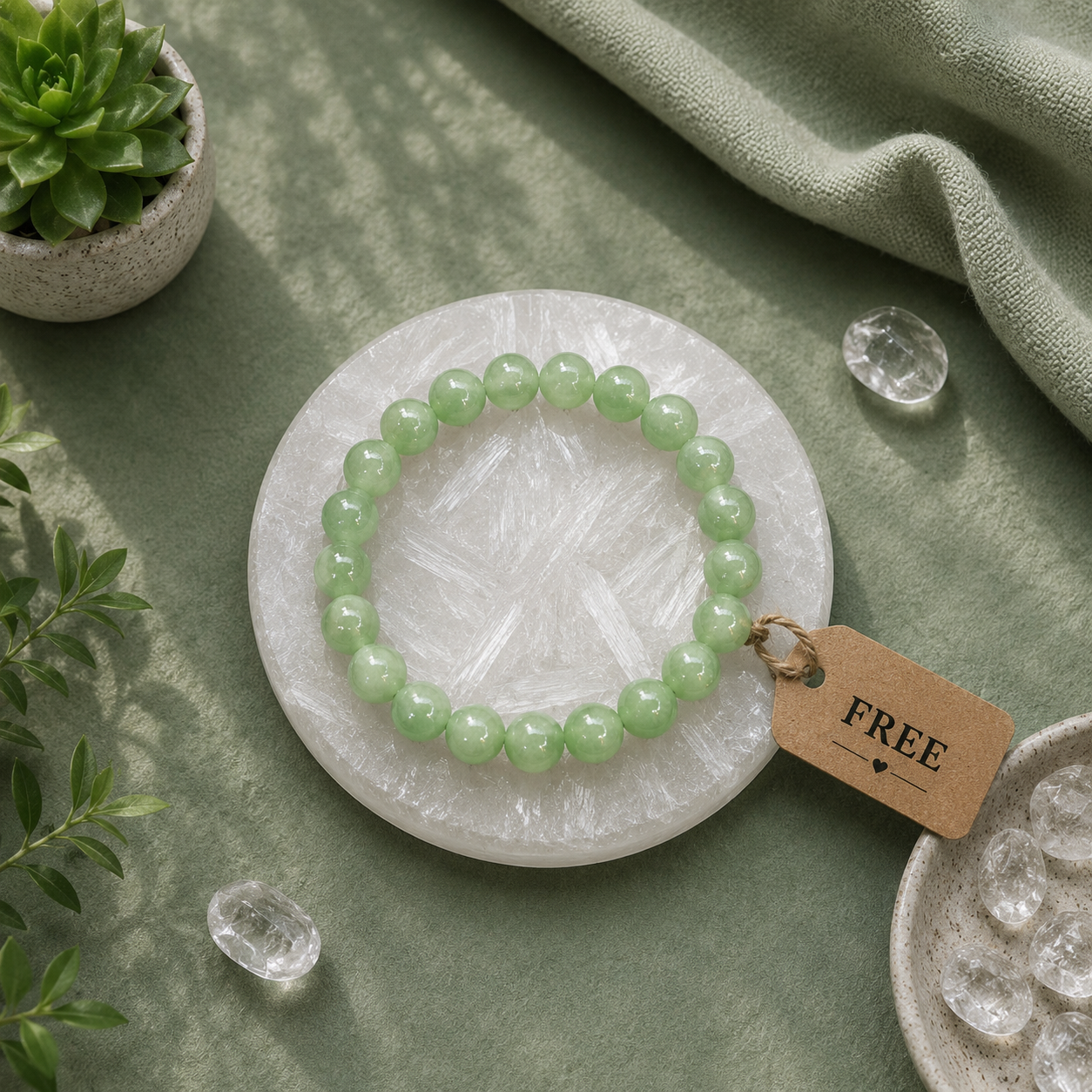 Green Aventurine Bracelet With Free Raw Selenite Plate