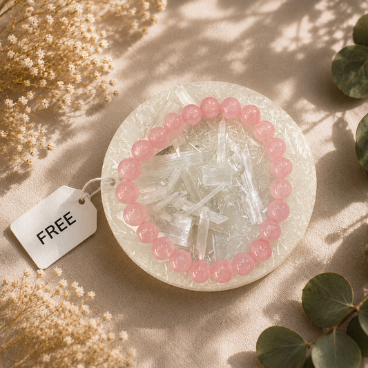 Rose Quartz Beaded Bracelet With Free Raw Selenite Plate