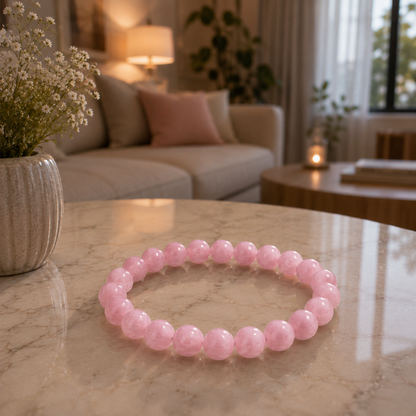Rose Quartz Beaded Bracelet With Free Raw Selenite Plate