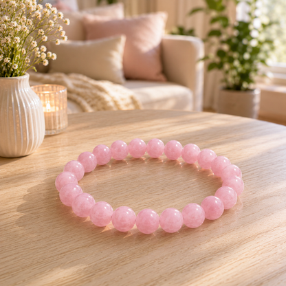 Rose Quartz Beaded Bracelet With Free Raw Selenite Plate