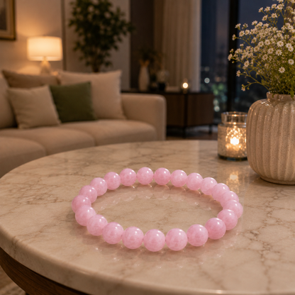 Rose Quartz Beaded Bracelet With Free Raw Selenite Plate