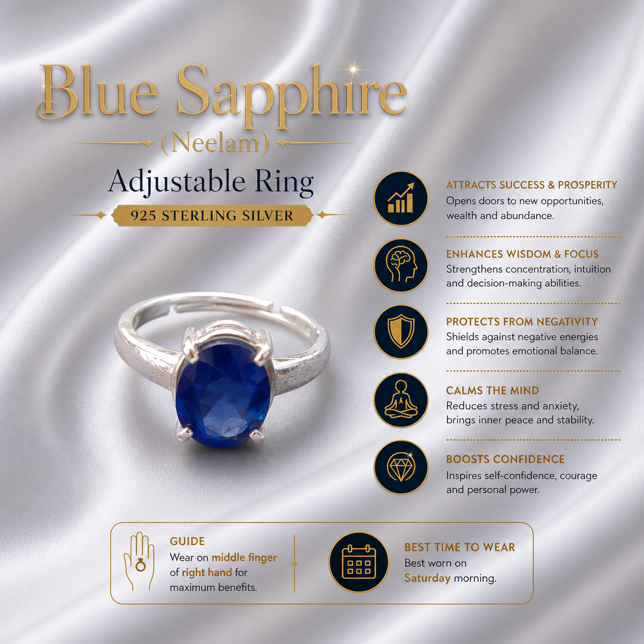Blue Sapphire (Neelam) Adjustable Ring – 925 Sterling Silver