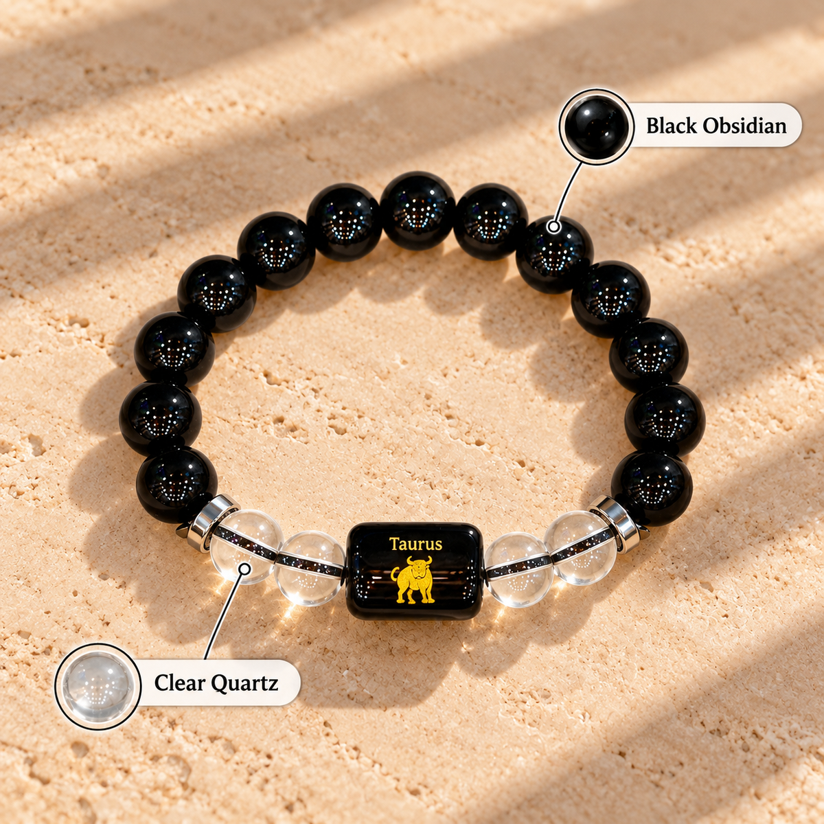 Taurus (Vrishabh) Zodiac Black Obsidian & Clear Quartz Bracelet
