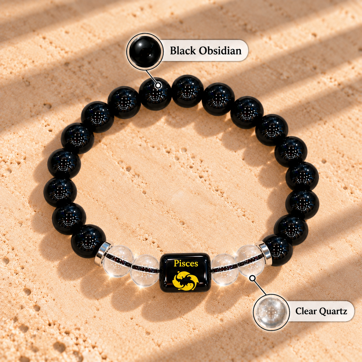 Pisces (Meen) Zodiac Black Obsidian & Clear Quartz Bracelet