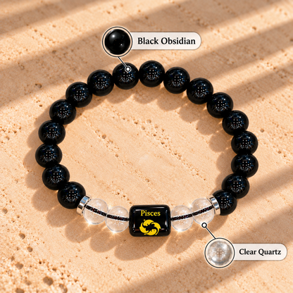 Pisces (Meen) Zodiac Black Obsidian & Clear Quartz Bracelet