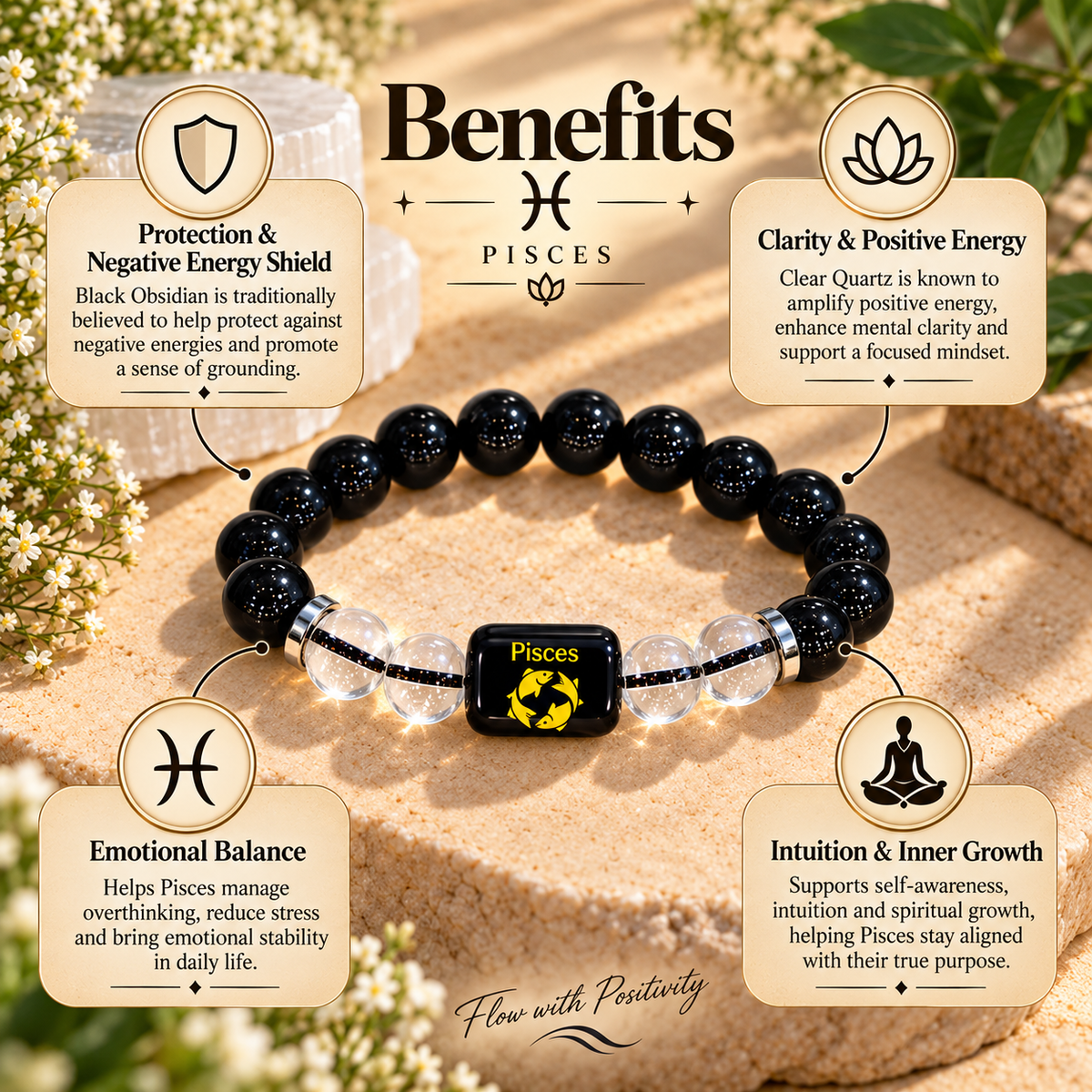 Pisces (Meen) Zodiac Black Obsidian & Clear Quartz Bracelet