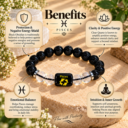 Pisces (Meen) Zodiac Black Obsidian & Clear Quartz Bracelet