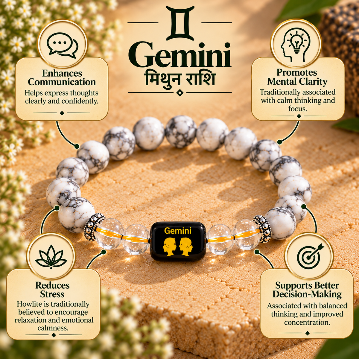 Gemini (Mithun) Zodiac Howlite & Clear Quartz Bracelet