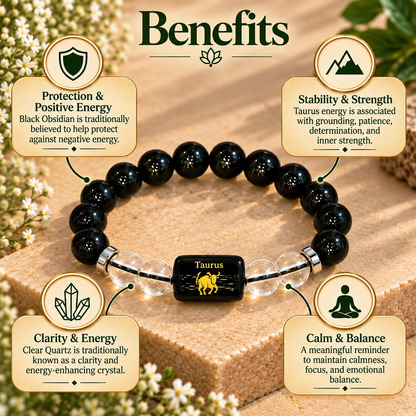 Taurus (Vrishabh) Zodiac Black Obsidian & Clear Quartz Bracelet