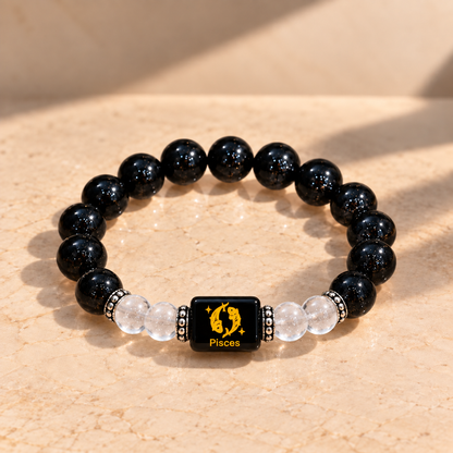 Pisces (Meen) Zodiac Black Obsidian & Clear Quartz Bracelet