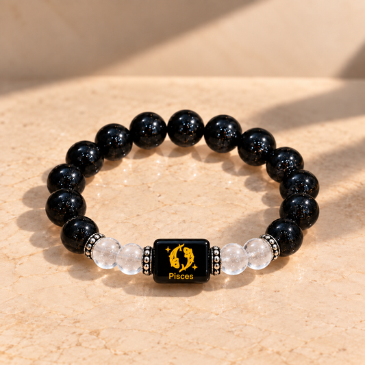 Pisces (Meen) Zodiac Black Obsidian & Clear Quartz Bracelet