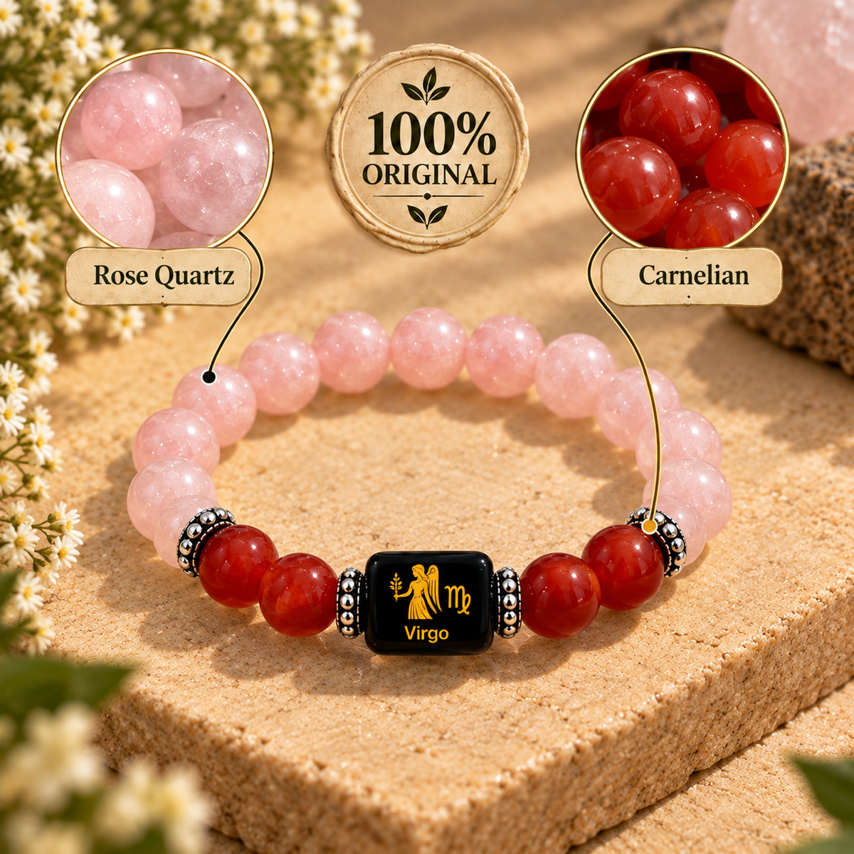 Virgo (Kanya) Zodiac Rose Quartz & Carnelian Bracelet