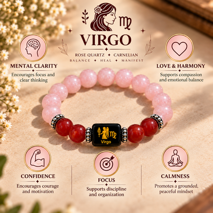 Virgo (Kanya) Zodiac Rose Quartz & Carnelian Bracelet