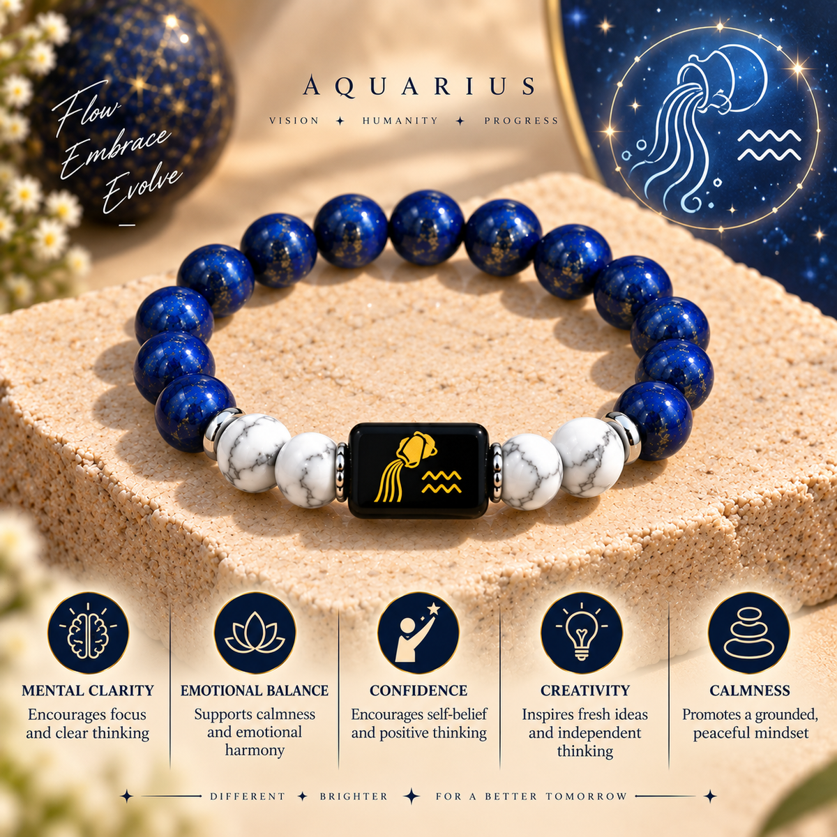 Aquarius (Kumbh) Zodiac Lapis Lazuli & Howlite Bracelet