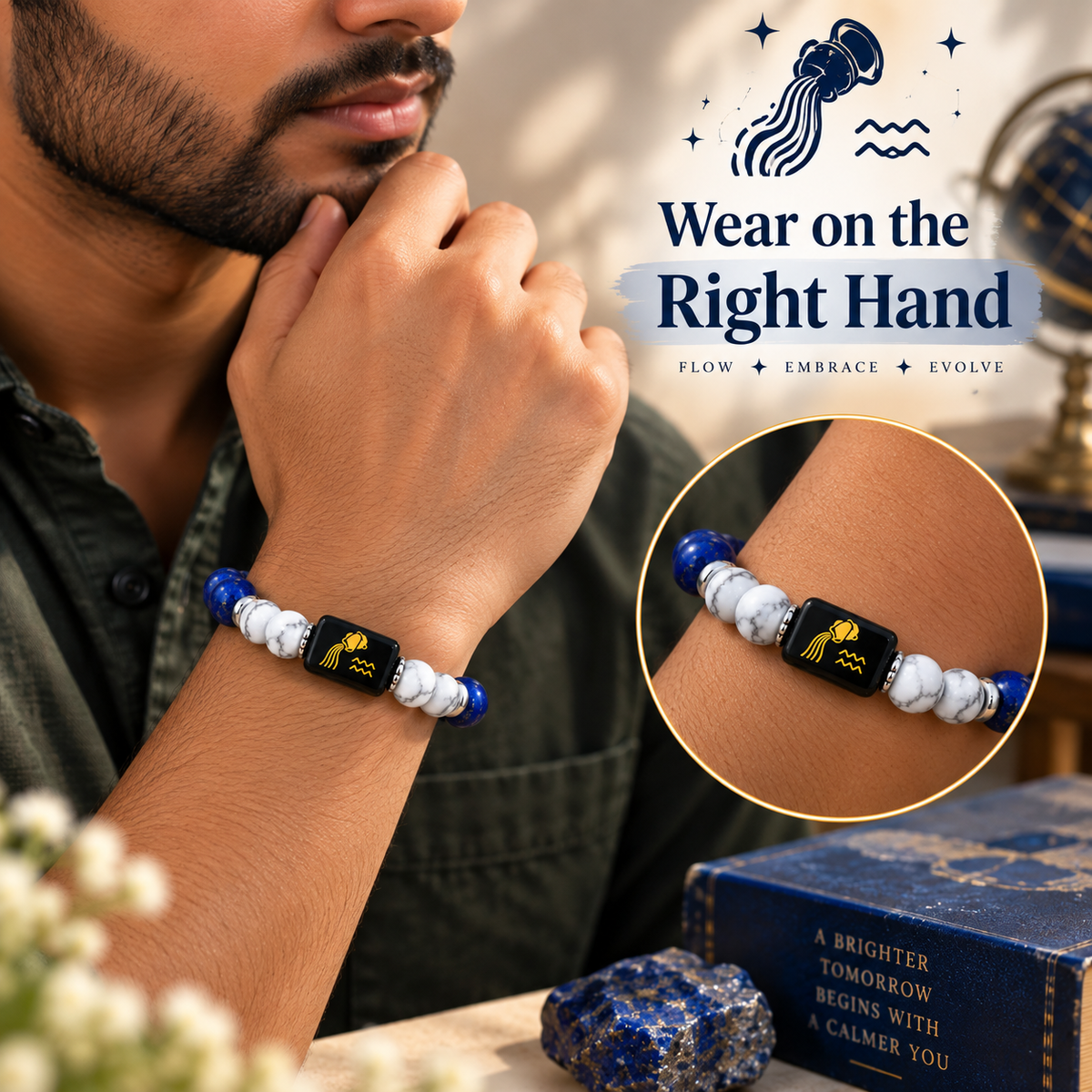 Aquarius (Kumbh) Zodiac Lapis Lazuli & Howlite Bracelet