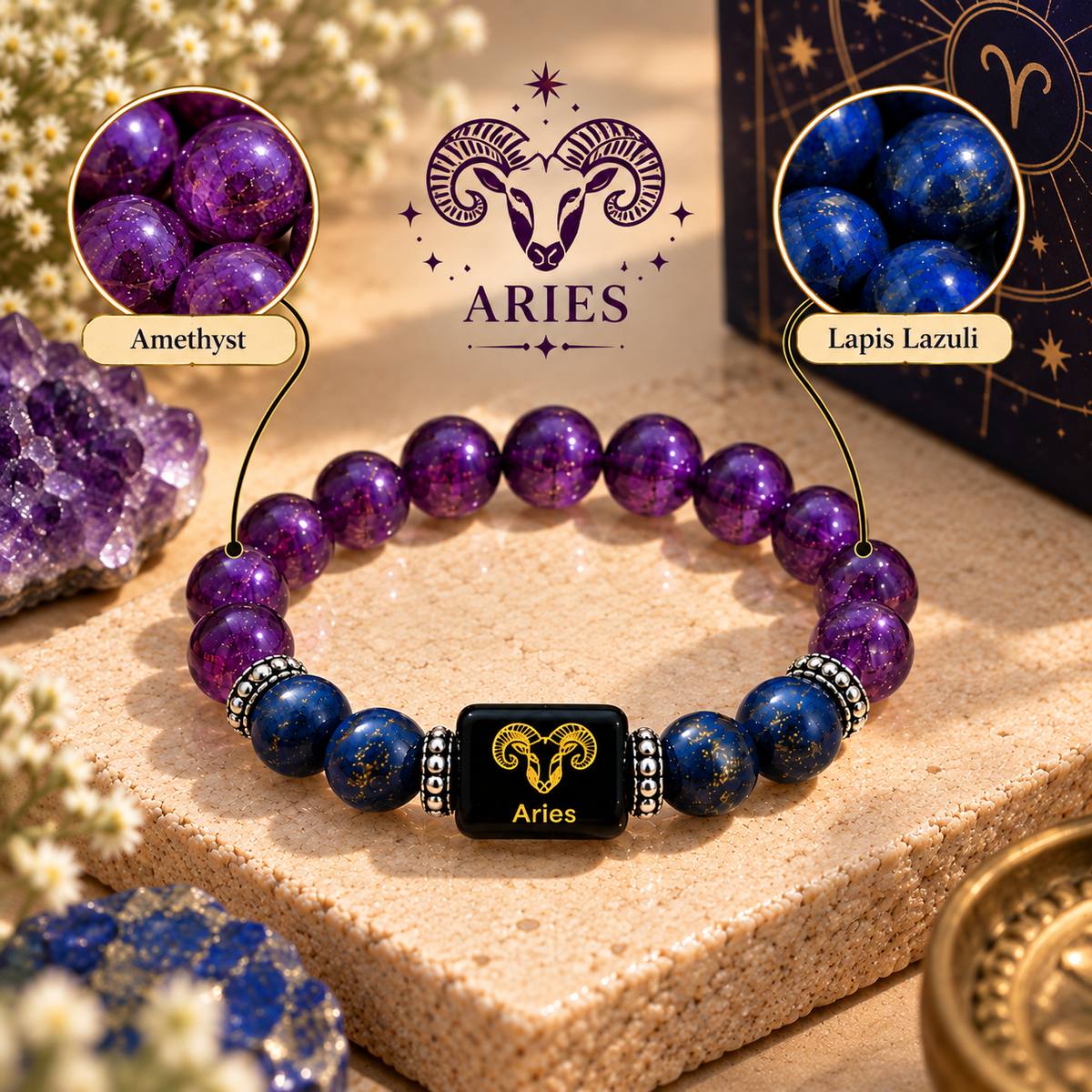 Aries (Mesh) Zodiac Amethyst & Lapis Lazuli Bracelet