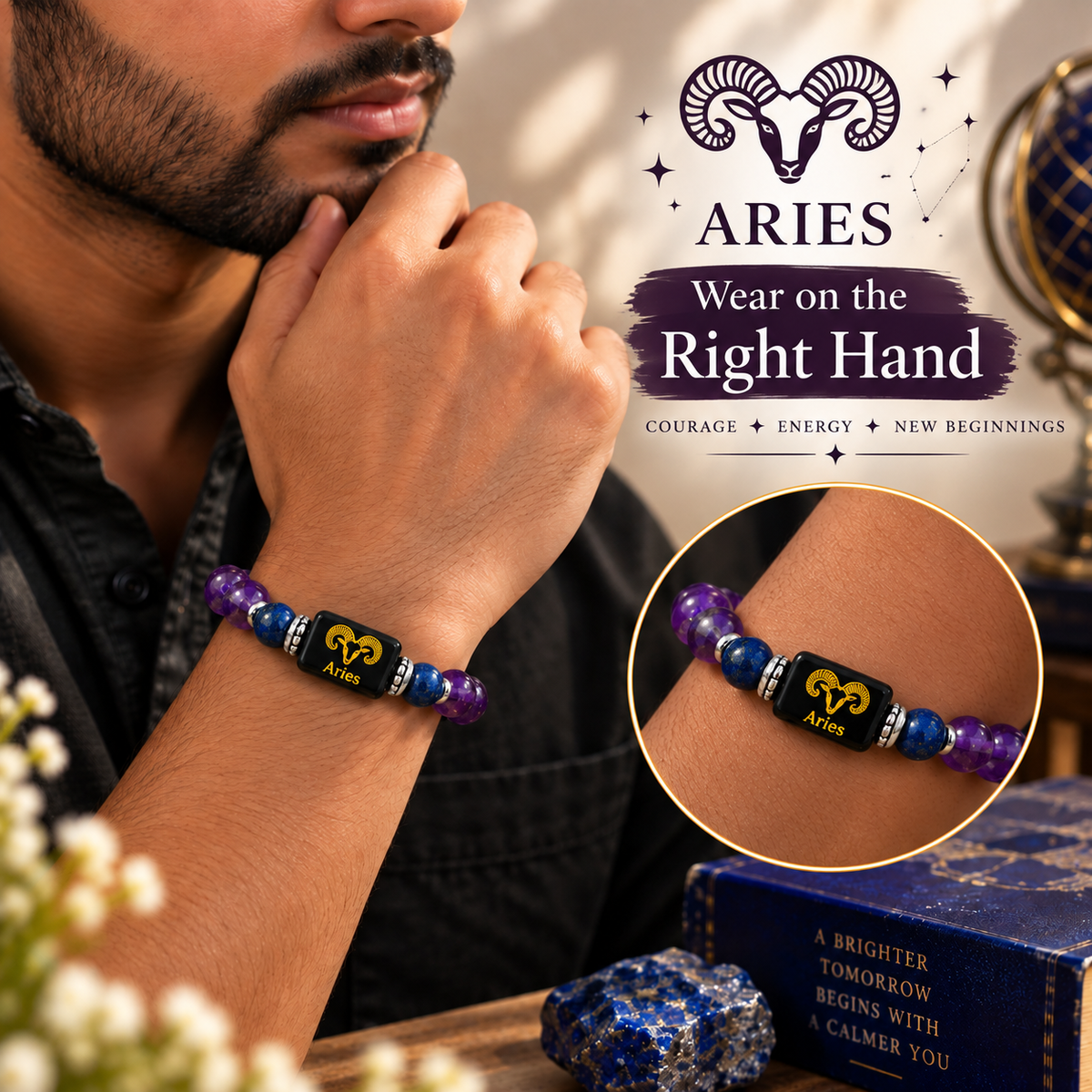 Aries (Mesh) Zodiac Amethyst & Lapis Lazuli Bracelet