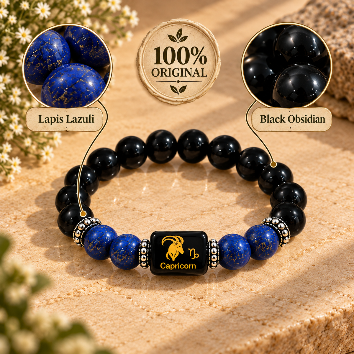 Capricorn (Makar) Zodiac Black Obsidian & Lapis Lazuli Bracelet