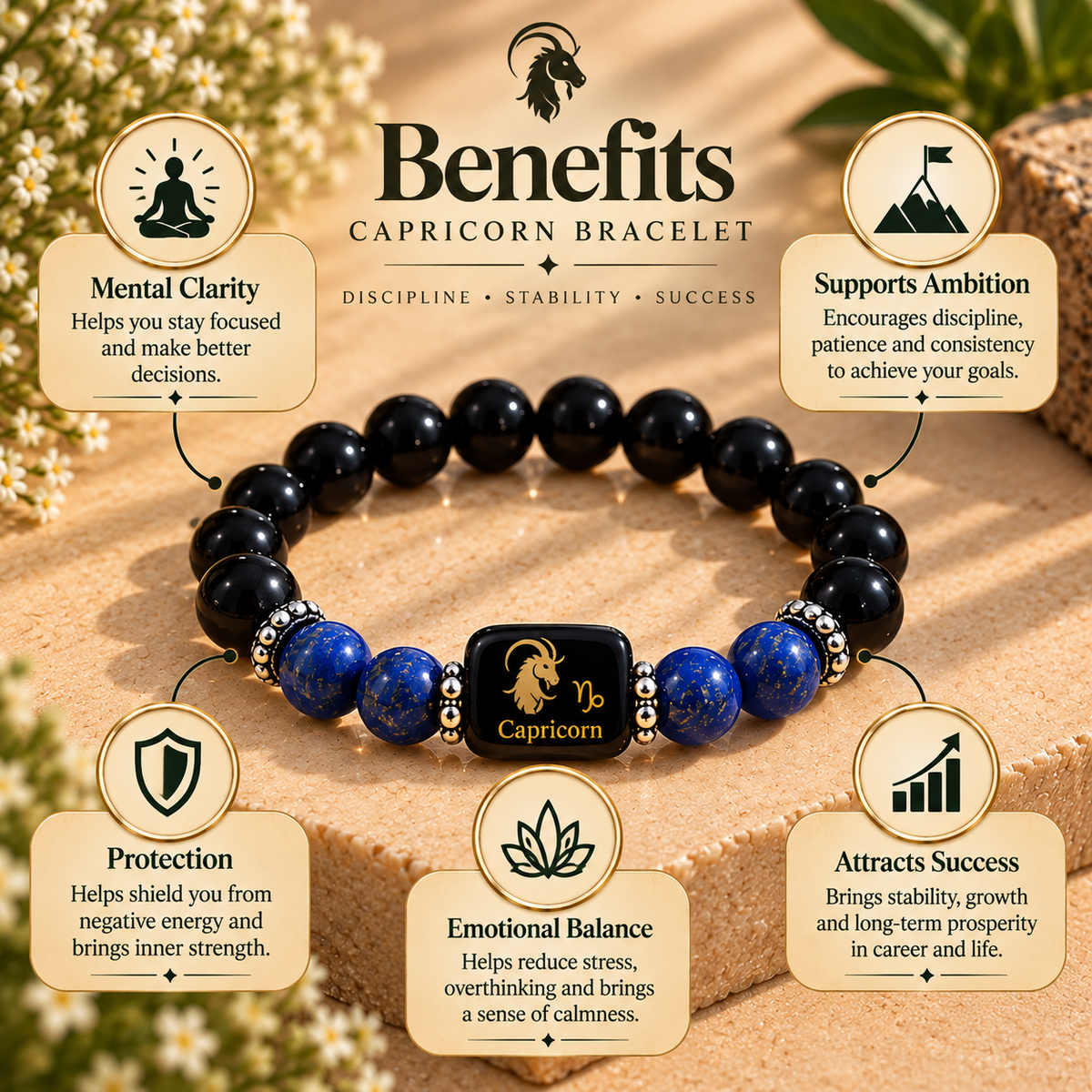 Capricorn (Makar) Zodiac Black Obsidian & Lapis Lazuli Bracelet