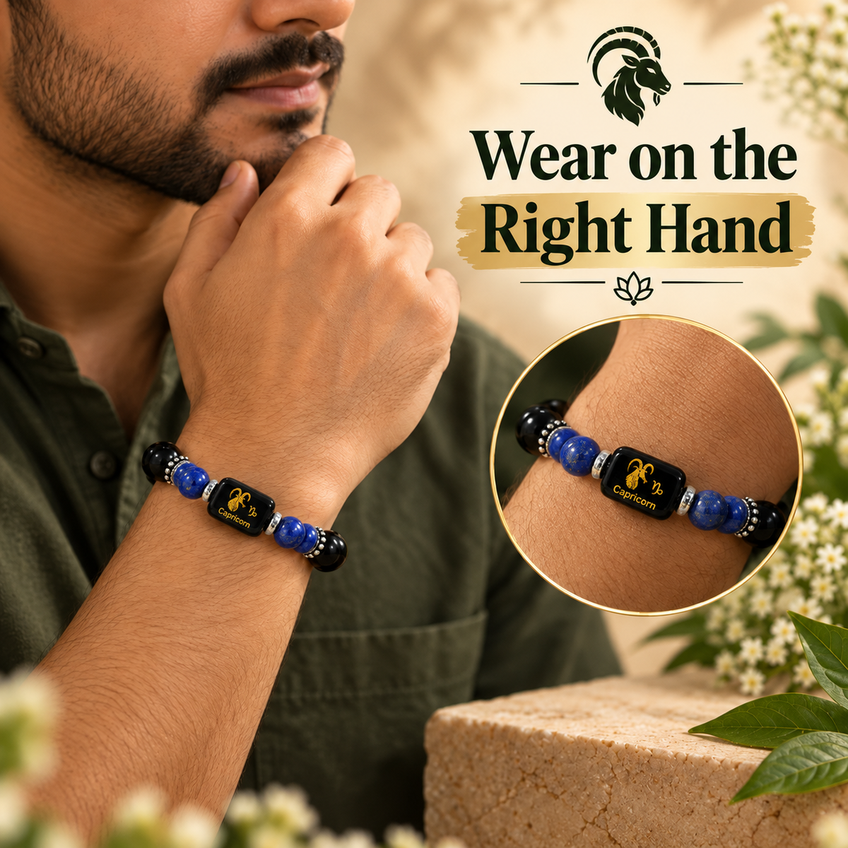 Capricorn (Makar) Zodiac Black Obsidian & Lapis Lazuli Bracelet