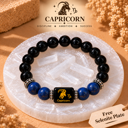 Capricorn (Makar) Zodiac Black Obsidian & Lapis Lazuli Bracelet