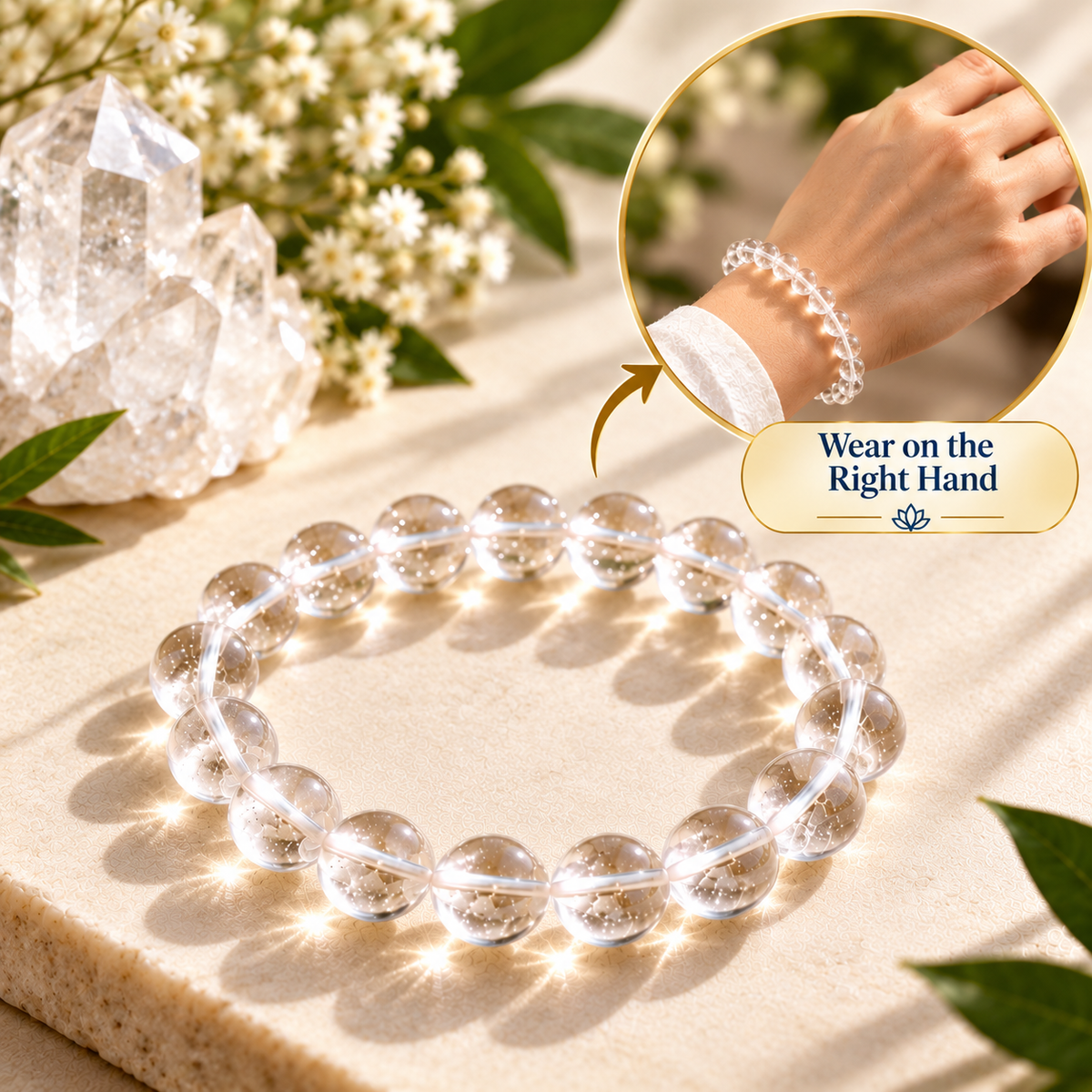 Clear Quartz (Sphatik) Bracelet With Free Raw Selenite Plate
