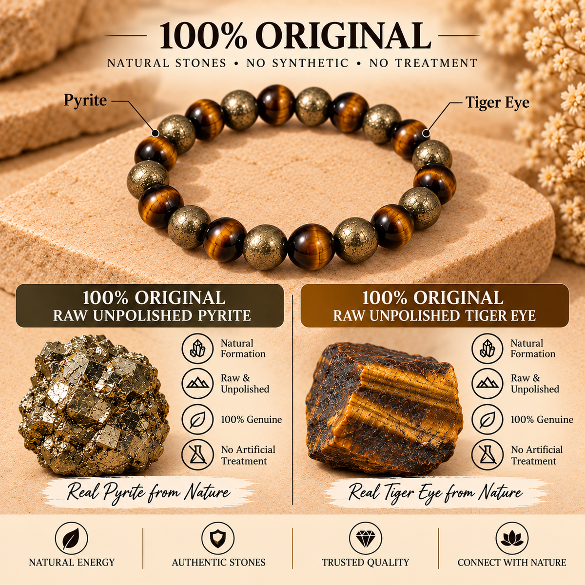 Natural Raw Pyrite & Tiger Eye Prosperity Bracelet