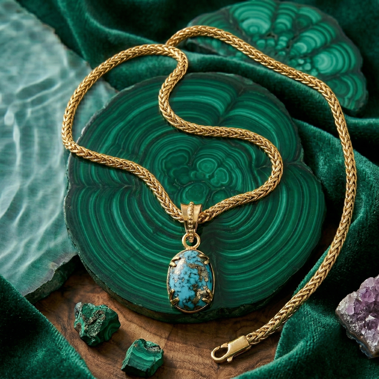 Firoza Gemstone Locket - Golden + Classic Flat Wheat (Foxtail) Chain