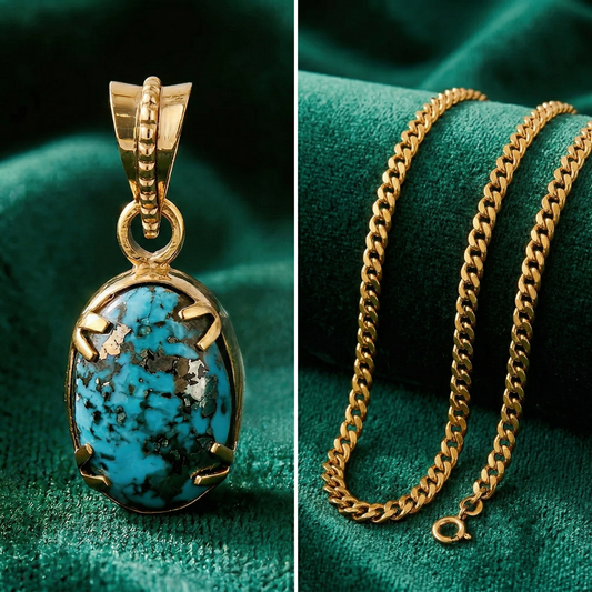 Firoza Gemstone Locket - Golden + Royal Cuban Chain