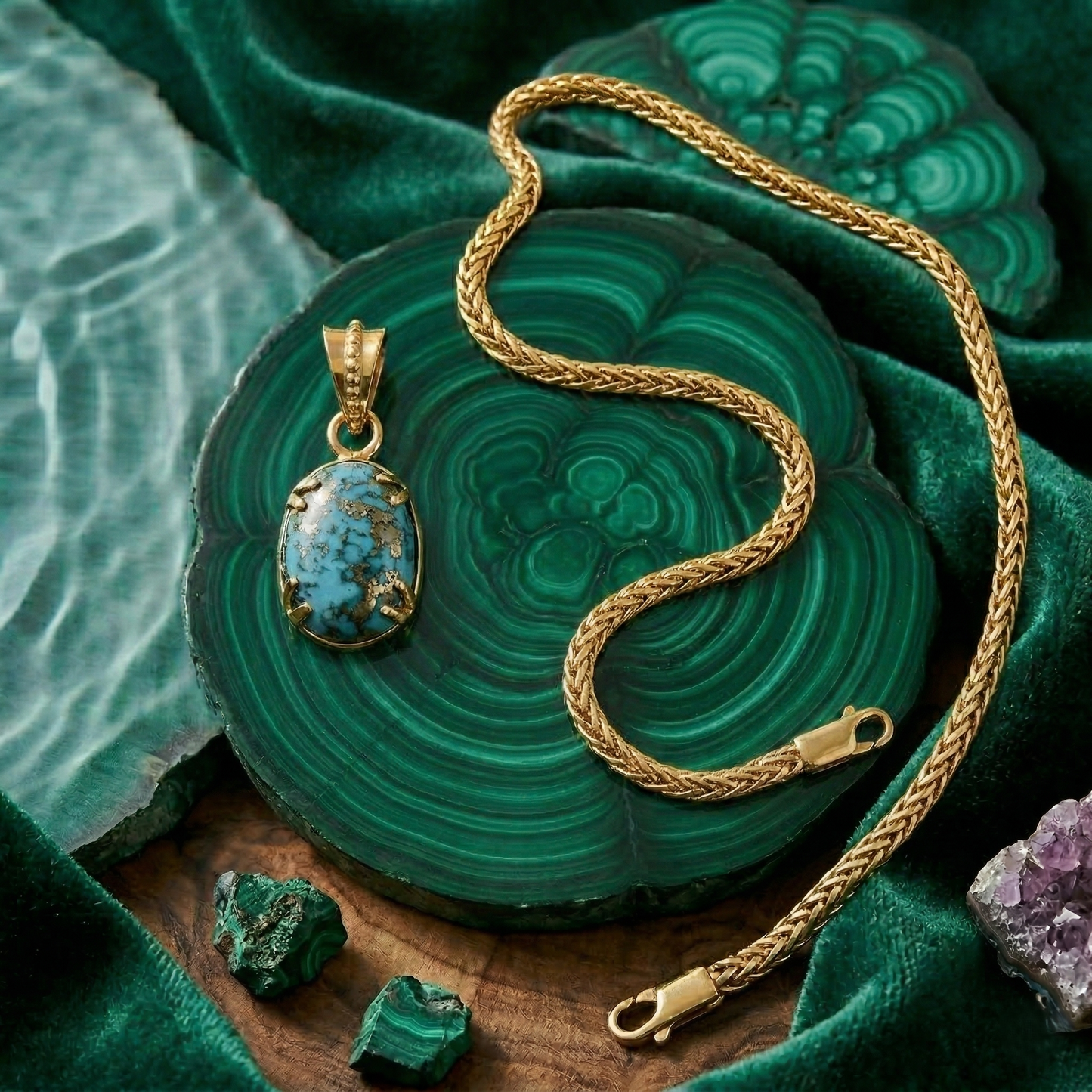 Firoza Gemstone Locket - Golden + Classic Flat Wheat (Foxtail) Chain